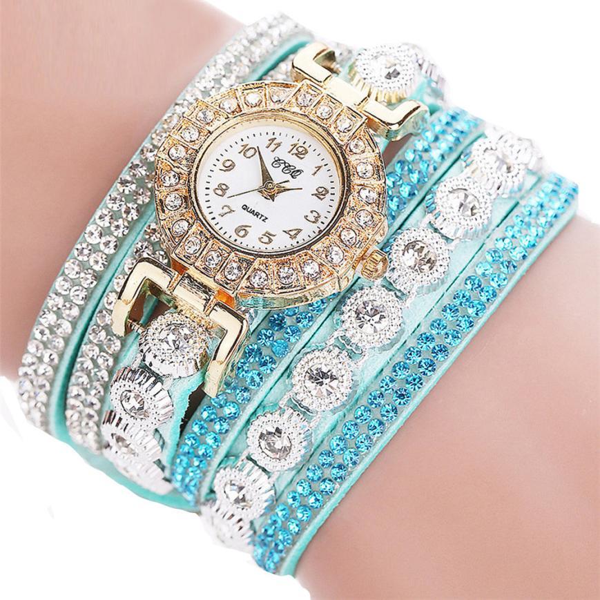 Quartz watch Rhinestone and leather bracelet