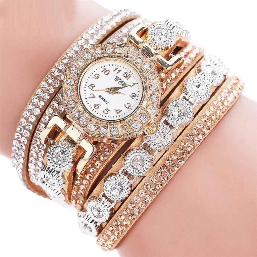 Quartz watch Rhinestone and leather bracelet