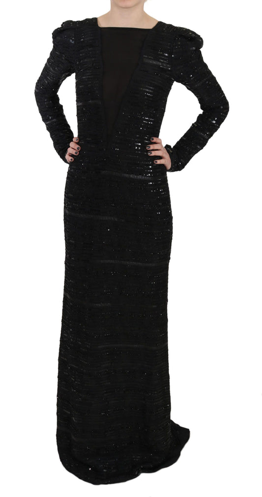 John Richmond Black Silk Sheath Maxi Dress with Sequins