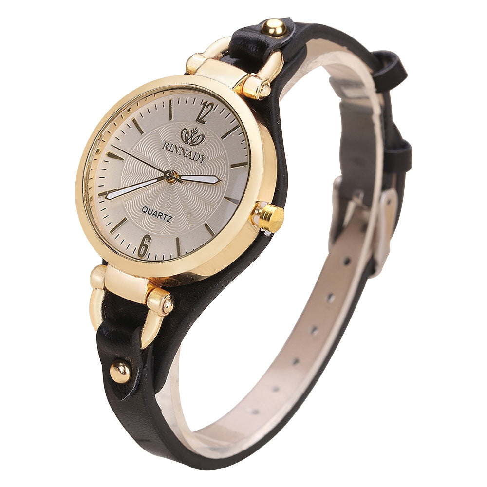 Quartz watch with thin leather strap, solid color,