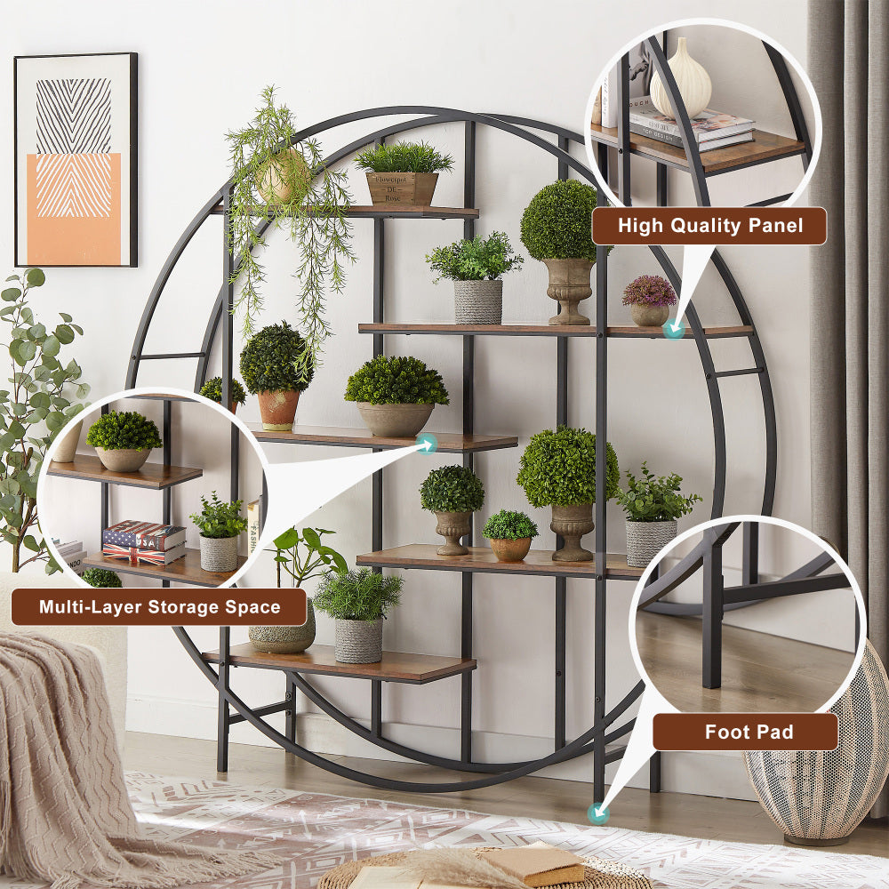 Round 5-Tier Metal Plant Stand bookcase storage rack, Indoor Living Room Terrace Garden Balcony Display Stand. Rustic Brown, 67 W x 11.8 D x 67H.