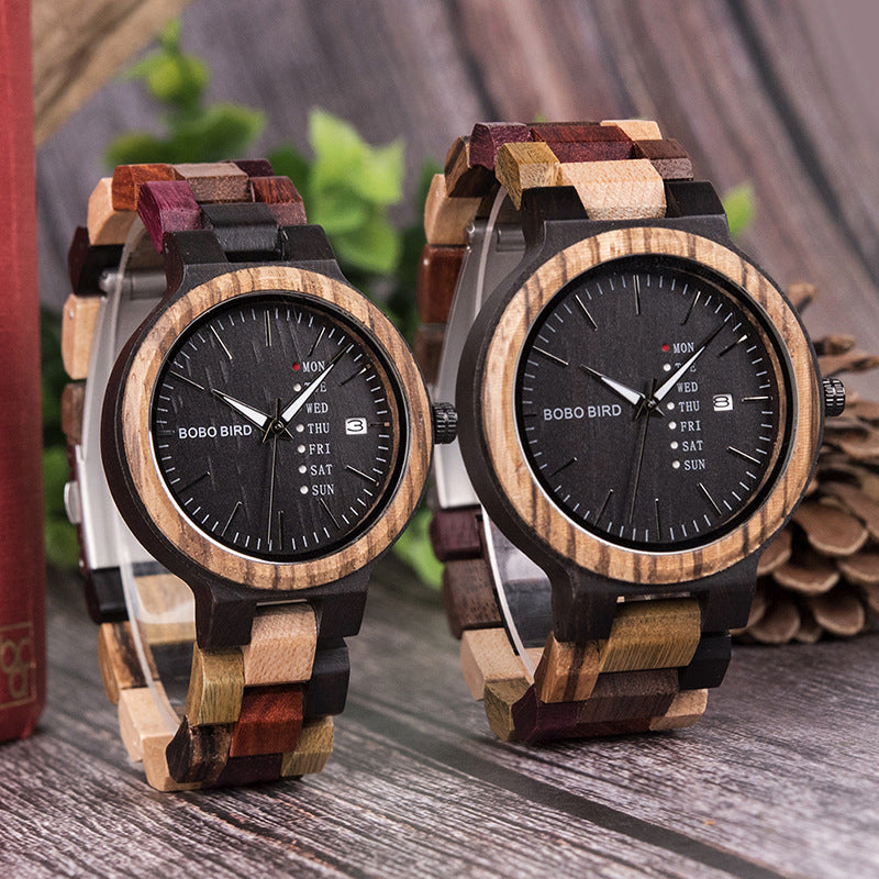 Popo – Quartz Wooden Watch with Day and Date Display,