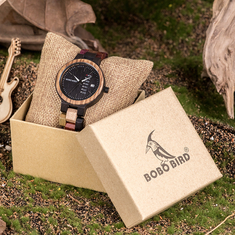 Popo – Quartz Wooden Watch with Day and Date Display,