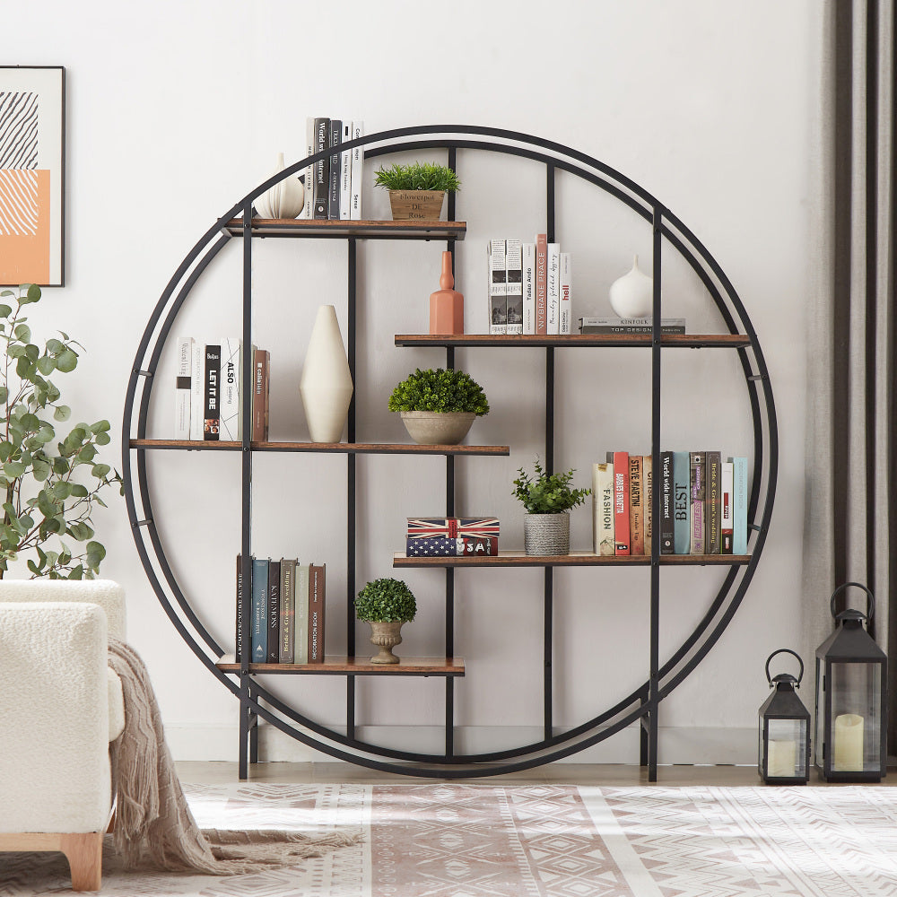 Round 5-Tier Metal Plant Stand bookcase storage rack, Indoor Living Room Terrace Garden Balcony Display Stand. Rustic Brown, 67 W x 11.8 D x 67H.