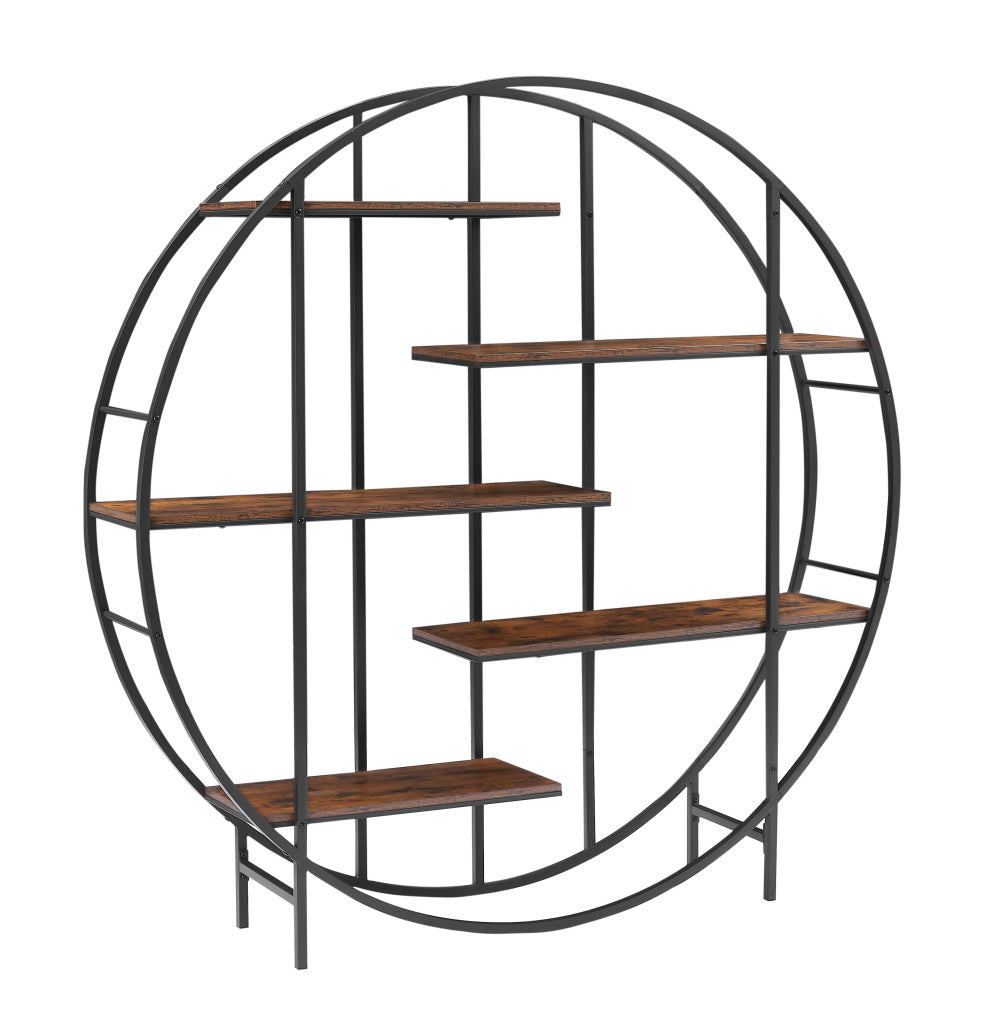 Round 5-Tier Metal Plant Stand bookcase storage rack, Indoor Living Room Terrace Garden Balcony Display Stand. Rustic Brown, 67 W x 11.8 D x 67H.