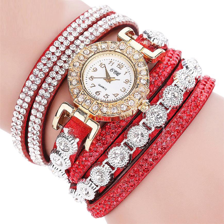 Quartz watch Rhinestone and leather bracelet