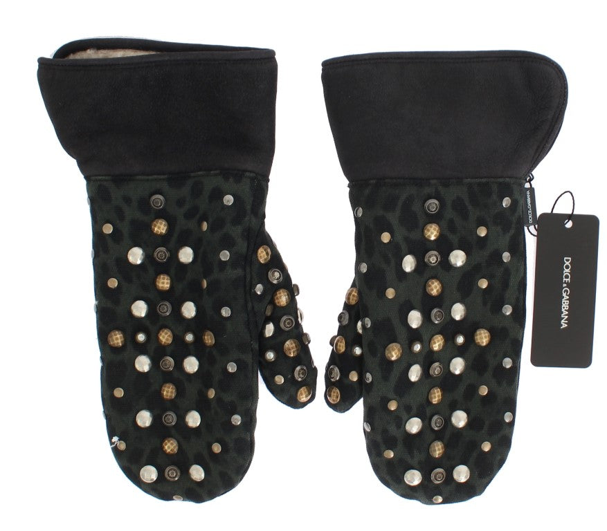 Dolce & Gabbana Elegant Studded Gray Wool Shearling Gloves