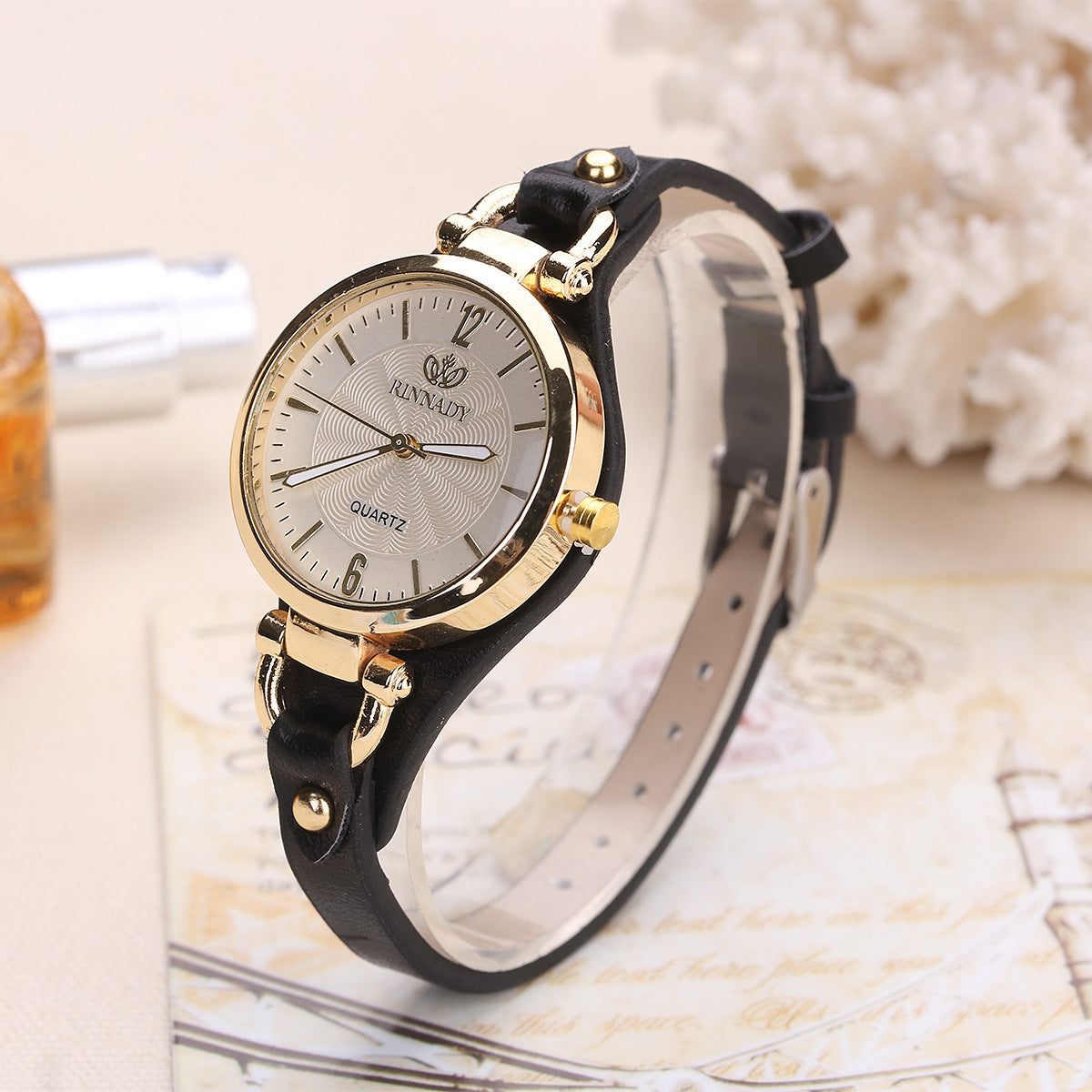 Quartz watch with thin leather strap, solid color,