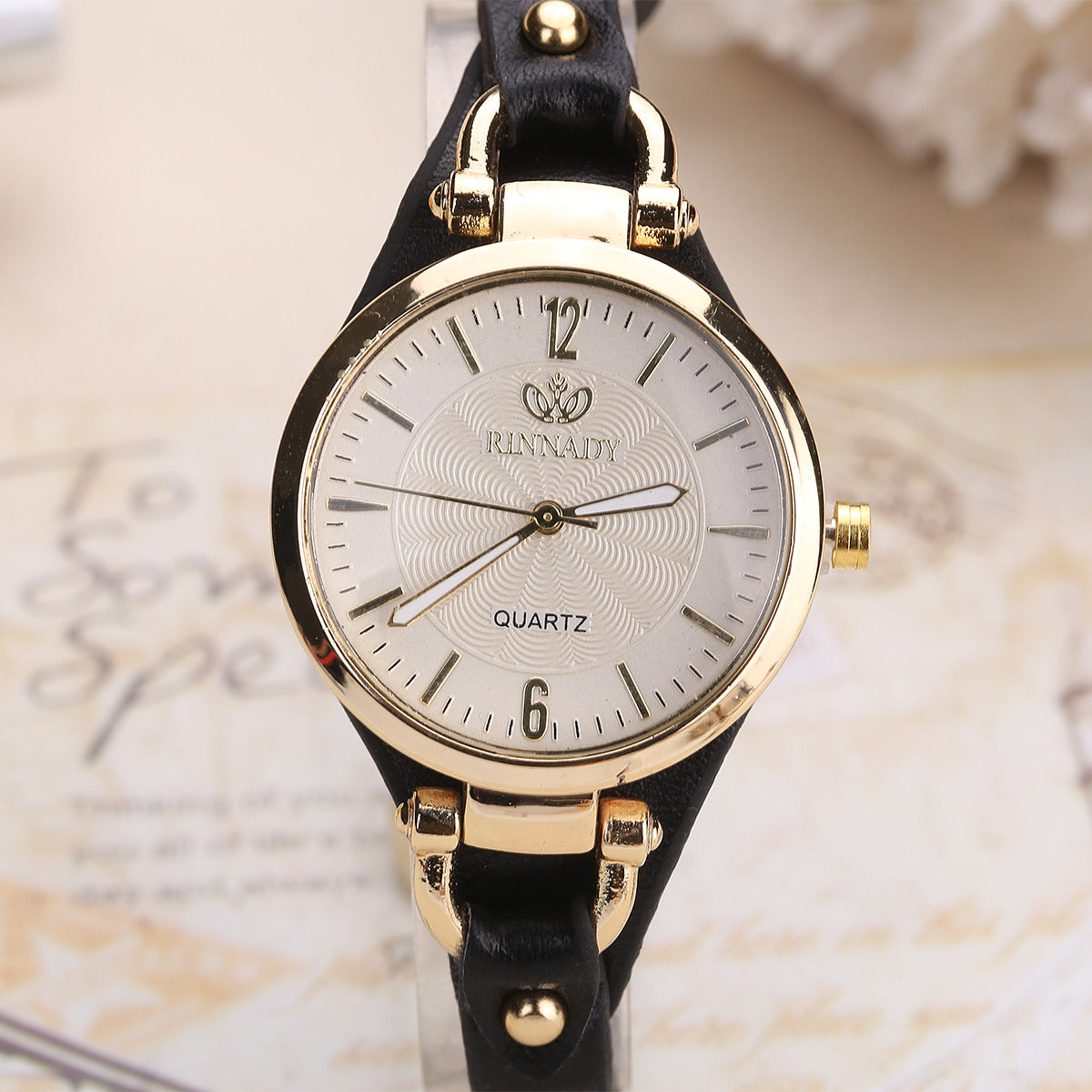 Quartz watch with thin leather strap, solid color,