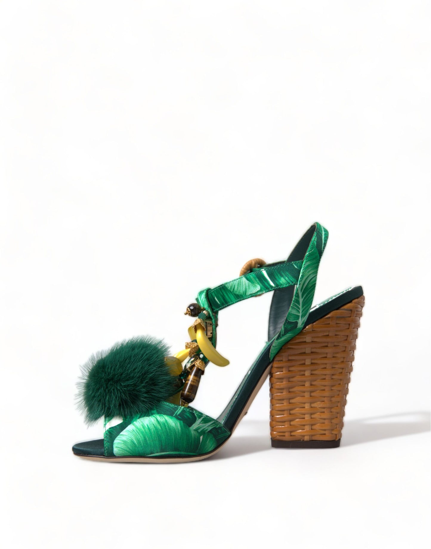 Dolce & Gabbana Green Crystal Mink Fur T-Strap Sandals