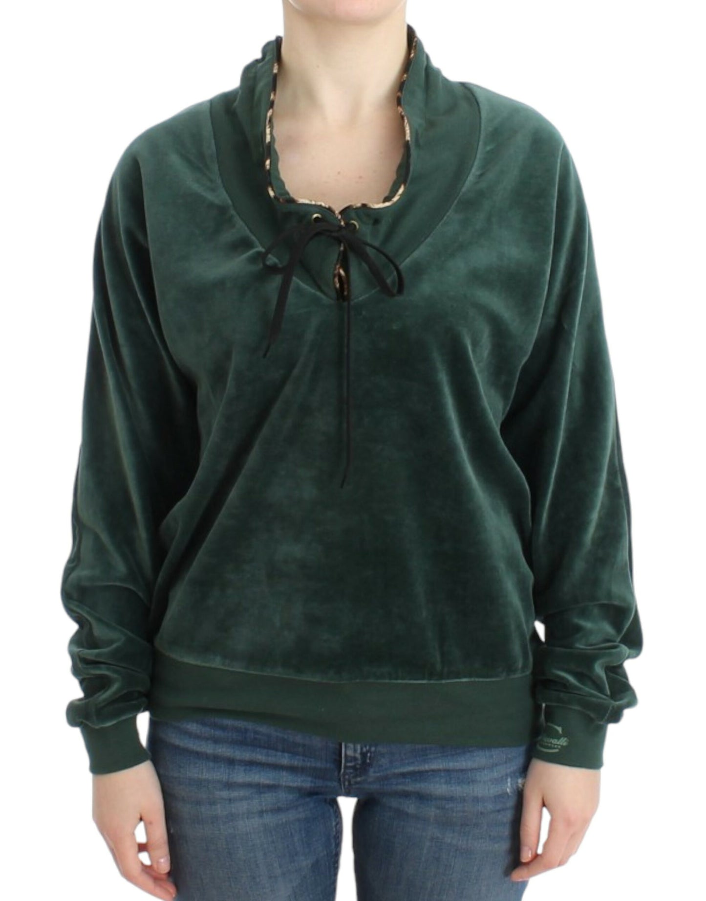 Cavalli Elegant Green Mock Sweater with Rhinestone Detail