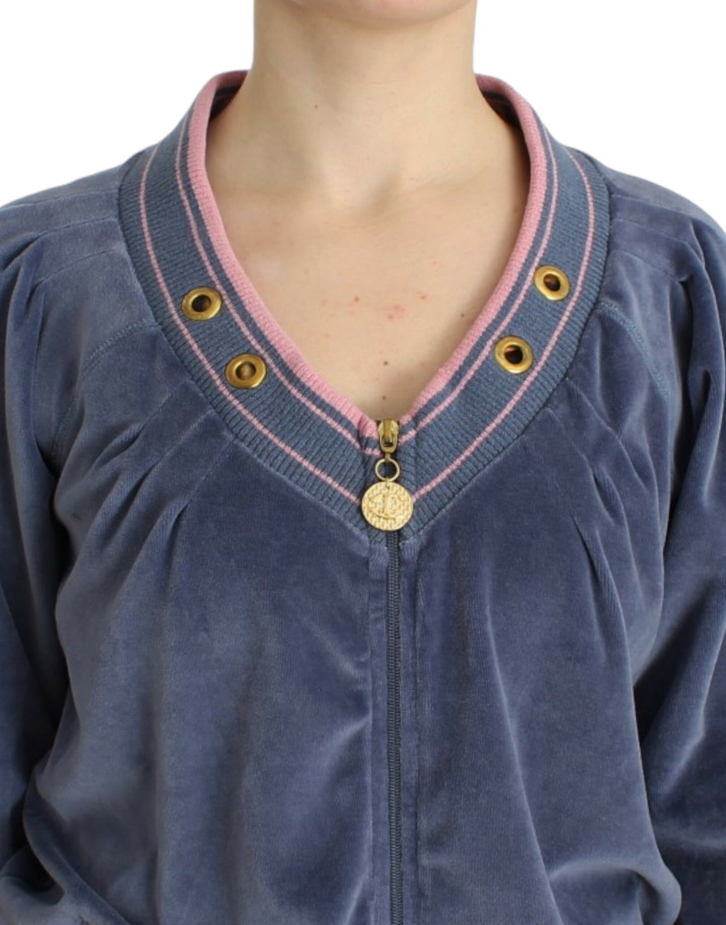 Cavalli Elegant Blue Zip Cardigan with Gold Details