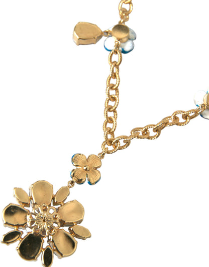 Dolce & Gabbana Gold Brass Chain Crystal Floral Pendant Charm Necklace