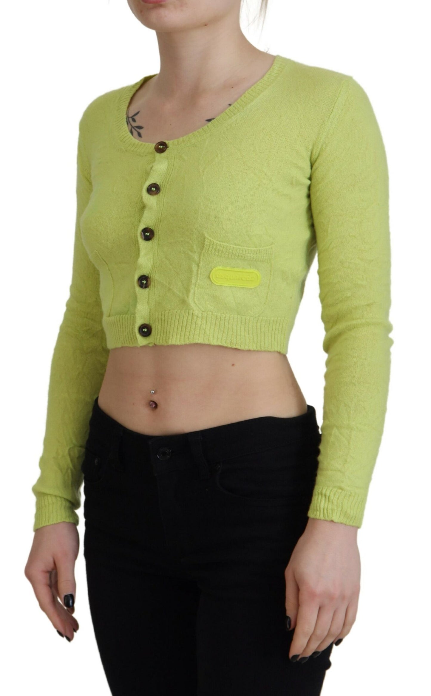 Dsquared² Yellow Green Cashmere Long Sleeves Cropped Sweater