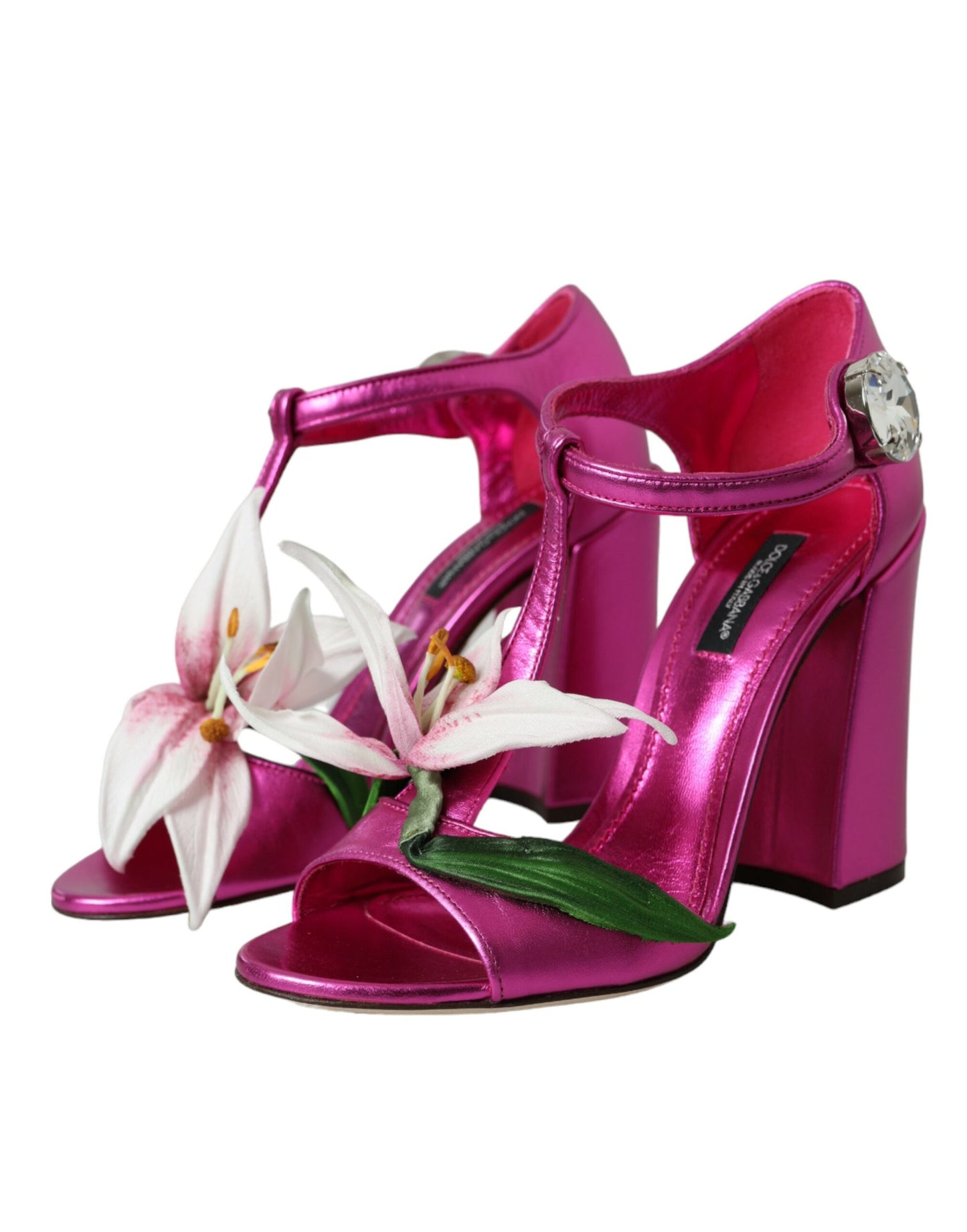 Dolce & Gabbana Pink Leather Crystals Floral Sandals Shoes