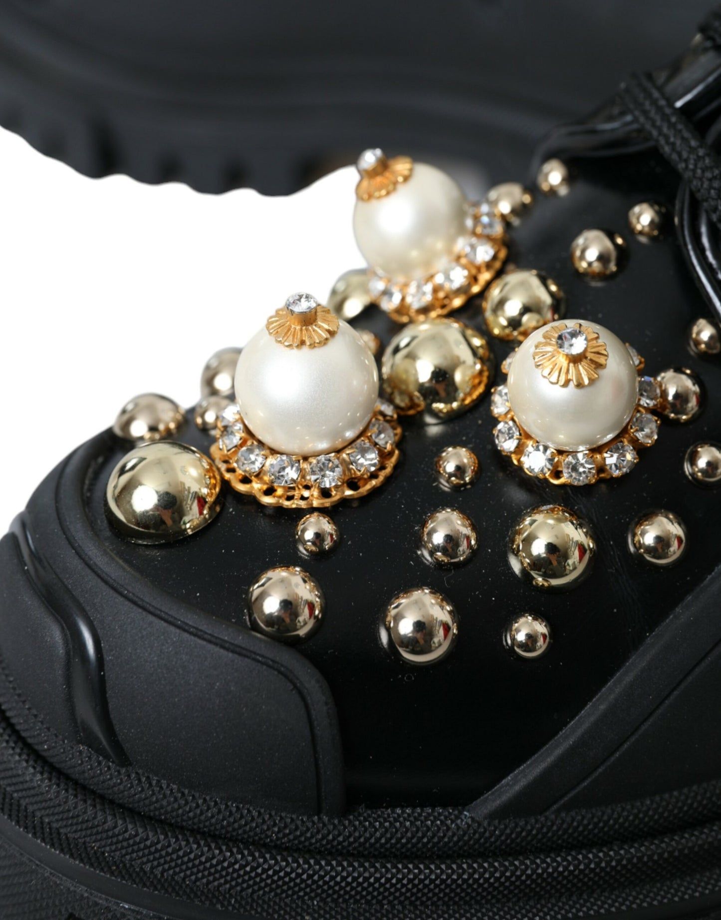 Dolce & Gabbana Black Leather Trekking Derby Embellished Shoes