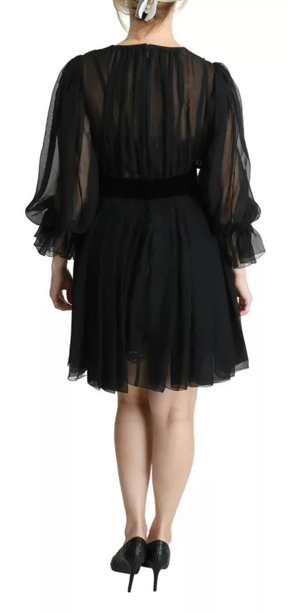 Dolce & Gabbana Black Mesh Pleated Mini Silk Blend Dress