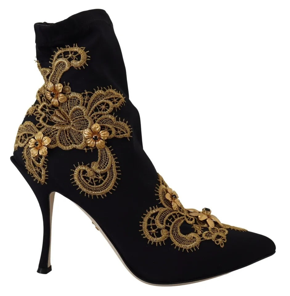 Dolce & Gabbana Black Gold Embroidery Slip On Boots Shoes