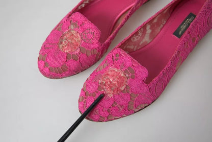 Dolce & Gabbana Pink Taormina Lace Slip On Flats Shoes