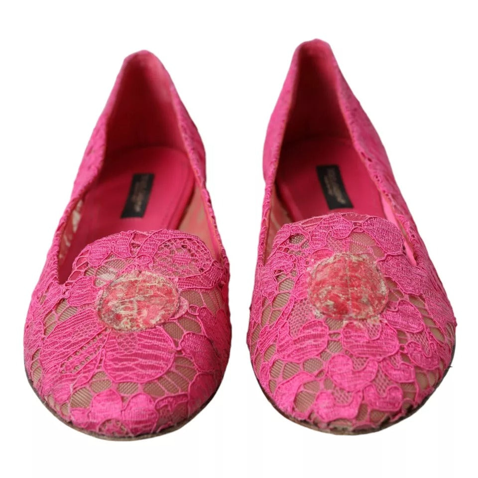 Dolce & Gabbana Pink Taormina Lace Slip On Flats Shoes