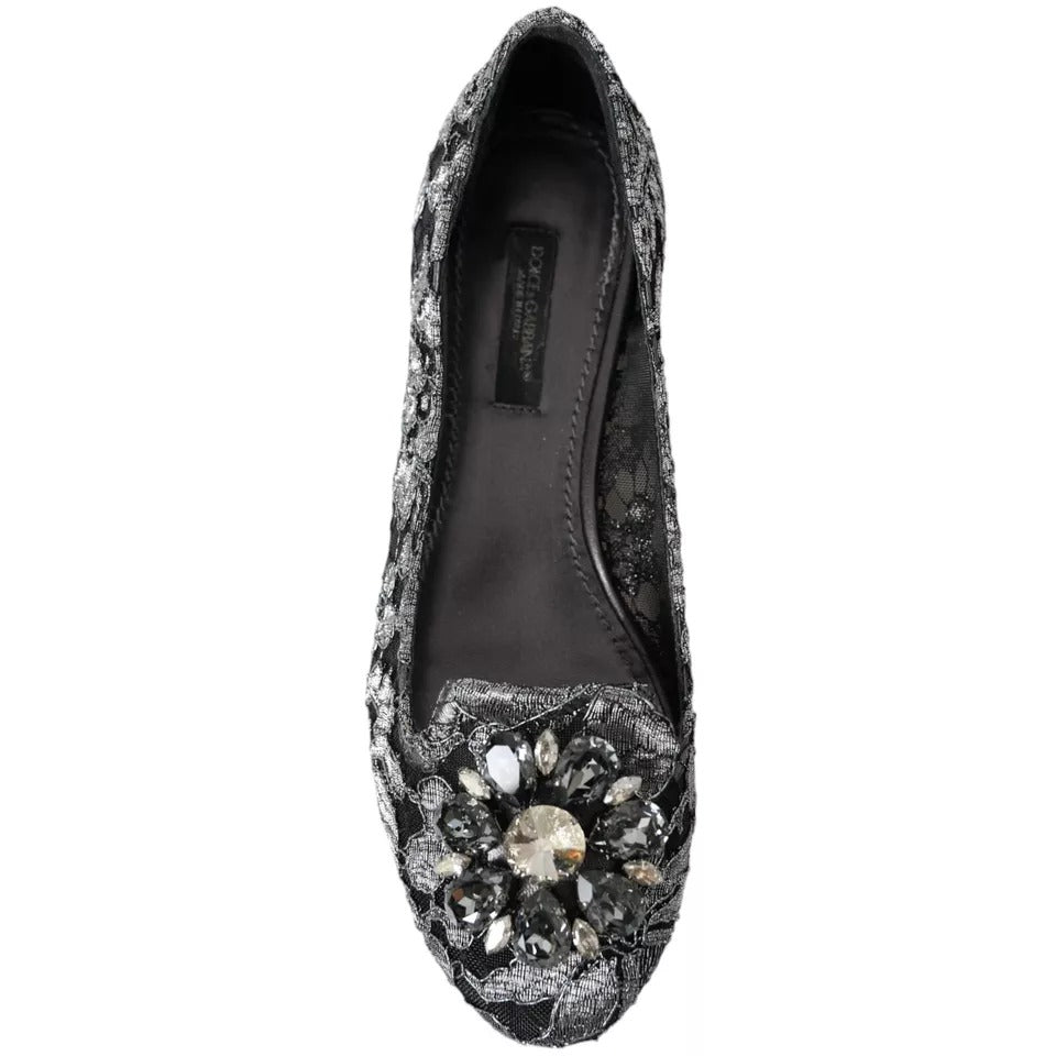 Dolce & Gabbana Gray Black Lace Crystal Ballet Loafers Shoes