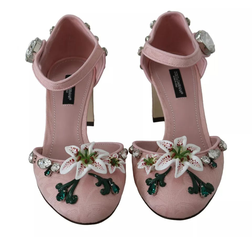 Dolce & Gabbana Pink Brocade Crystal Lily Ankle Strap Shoes