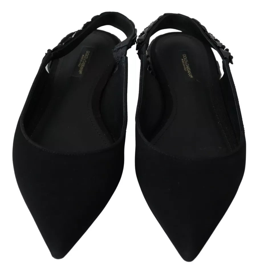 Dolce & Gabbana Black Flats Crystal Slingback Charmeuse Shoes