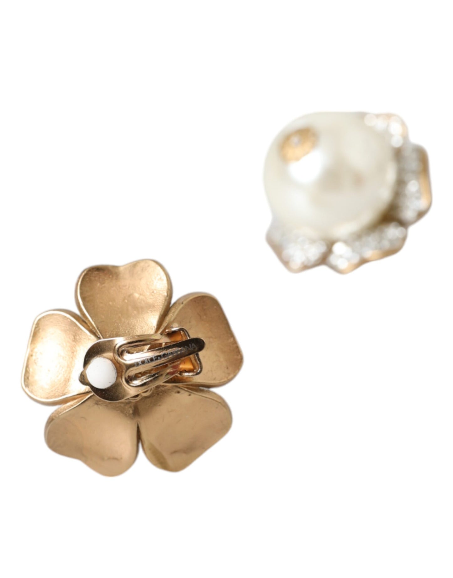 Dolce & Gabbana Gold Tone Maxi Faux Pearl Floral Clip-on Jewelry Earrings