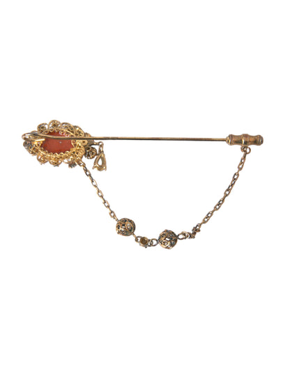 Dolce & Gabbana Gold Brass Crystal Chain 925 Sterling Silver Pin Brooch