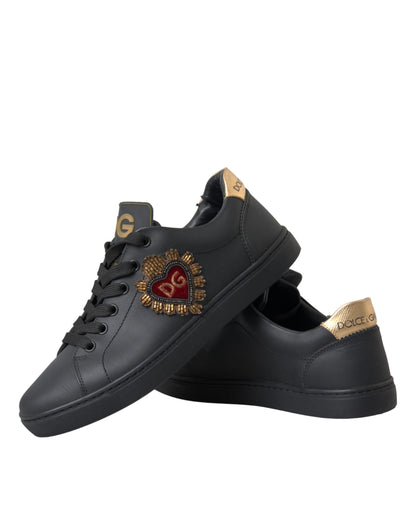 Dolce & Gabbana Black Leather Heart Embellished Sneakers Shoes