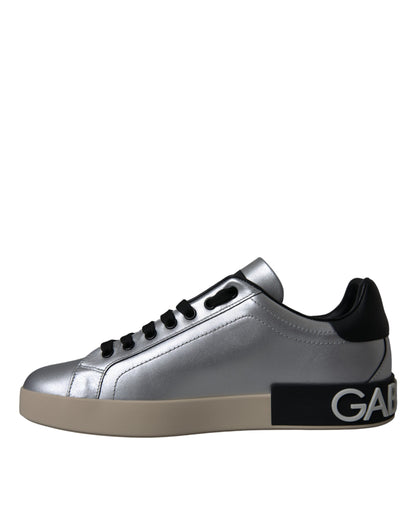 Dolce & Gabbana Silver Portofino Calf Leather Sneakers Men Shoes