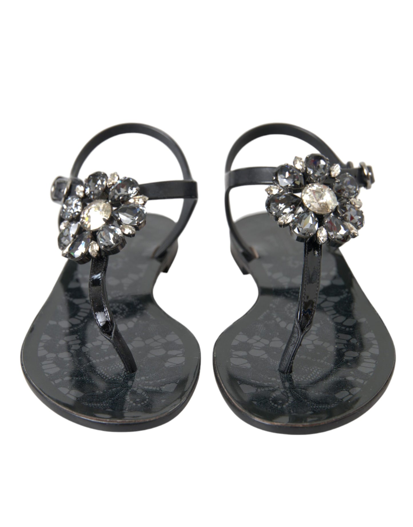 Dolce & Gabbana Black Crystal Flats Sandals Flip Flops Shoes