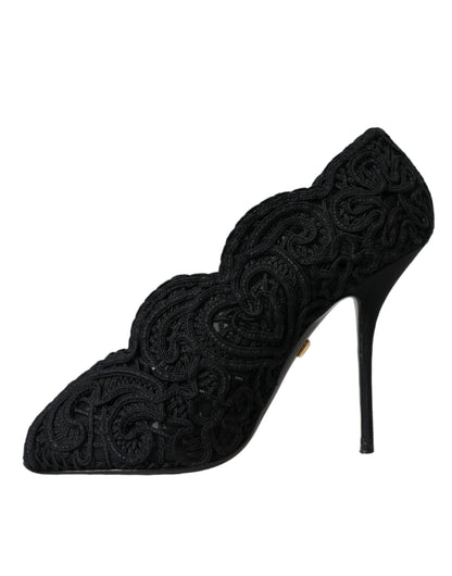 Dolce & Gabbana Black Cordonetto Ricamo Pump Open Toe Shoes