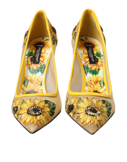 Dolce & Gabbana Yellow Sunflower Mesh Heels Pumps Shoes