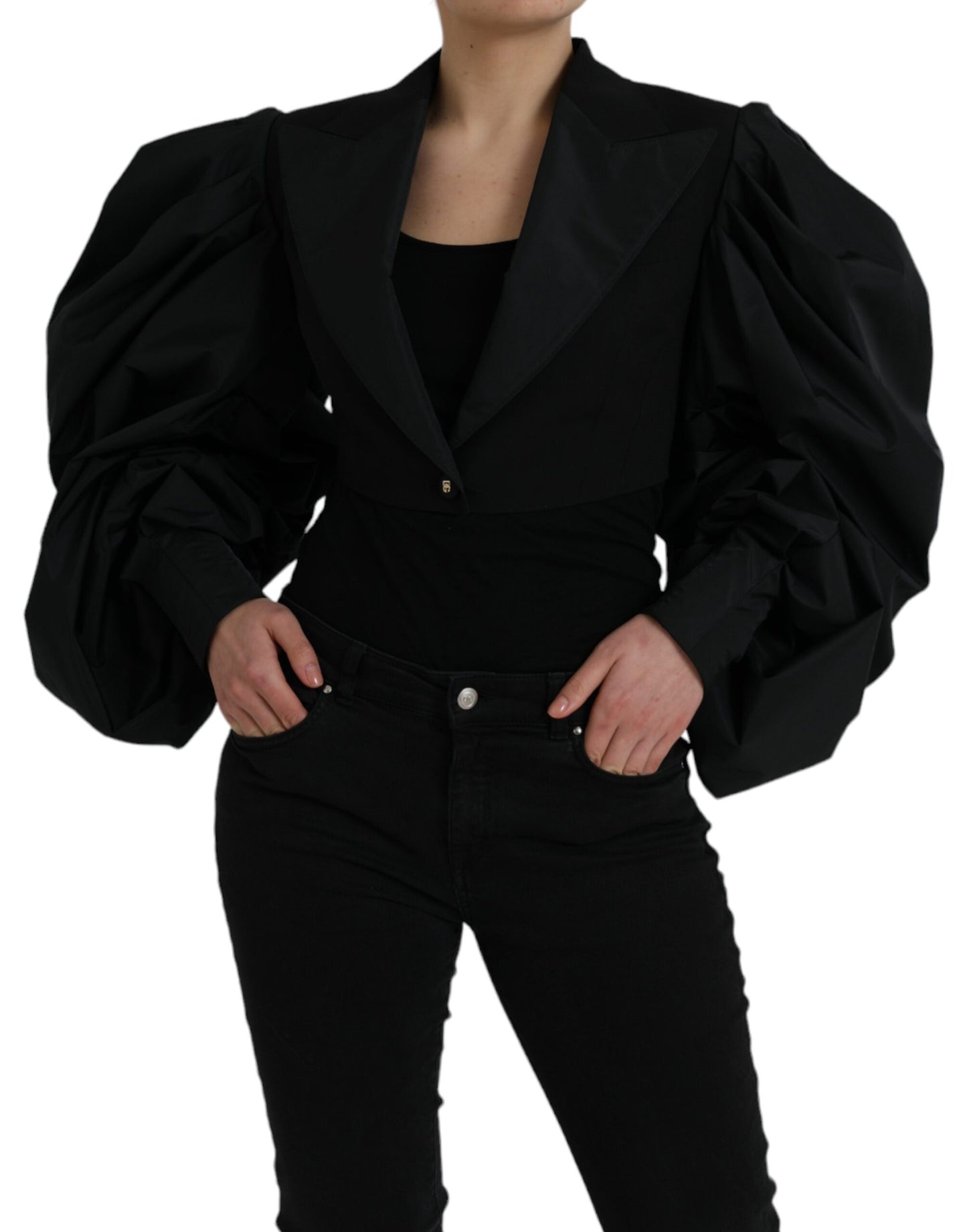 Dolce & Gabbana Black Polyester Puffed Sleeves Cropped Jacket