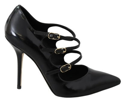 Dolce & Gabbana Black Leather Ankle Strap Heels Pumps Shoes