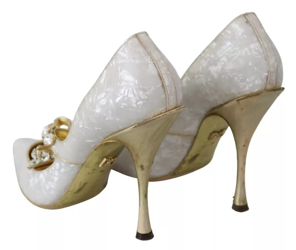 Dolce & Gabbana White Crystal Bow Pearl Mary Jane Pumps Shoes