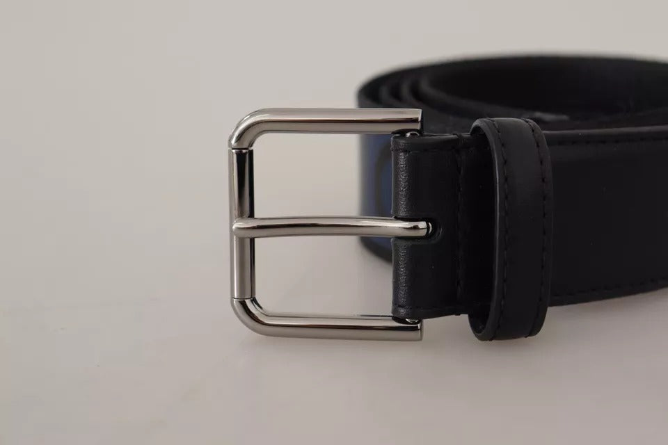 Dolce & Gabbana Blue Black Logo Print Silver Buckle Belt