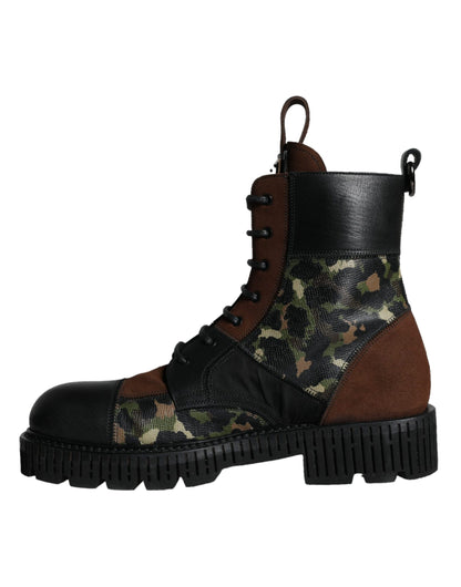 Dolce & Gabbana Brown Suede Camouflage Leather Combat Boots Shoes