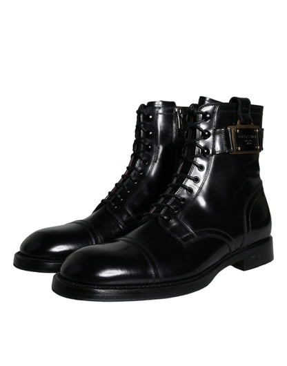 Dolce & Gabbana Black Logo Lace Up Mid Calf Men Boots Shoes