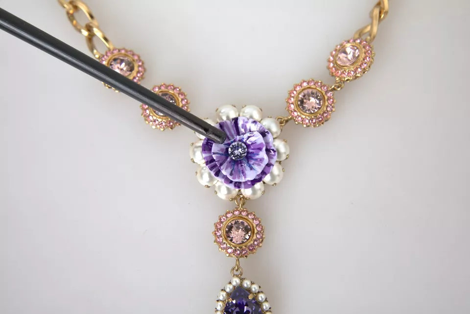 Dolce & Gabbana Gold Brass Crystal Purple Pink Pearl Pendants Necklace