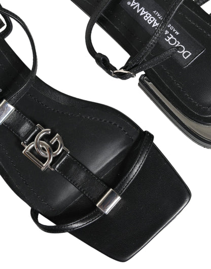 Dolce & Gabbana Black Leather Logo Ankle Strap Keira Sandals Shoes