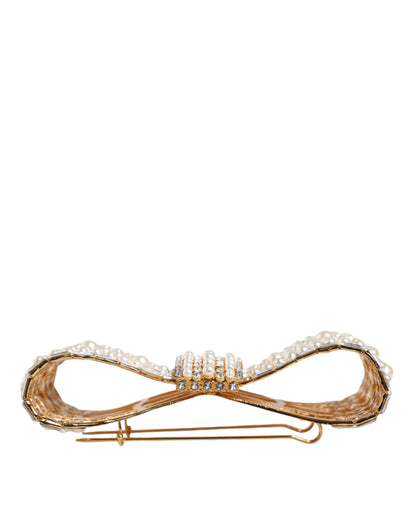 Dolce & Gabbana Gold Tone Brass Bow Crystal FauxPearl Embellished Brooch