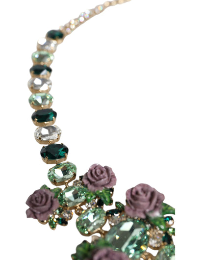 Dolce & Gabbana Gold Brass Link Chain Rose Petal Crystal Embellished Necklace