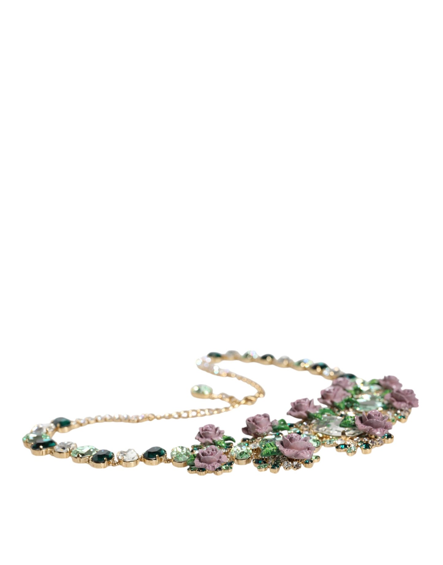 Dolce & Gabbana Gold Brass Link Chain Rose Petal Crystal Embellished Necklace