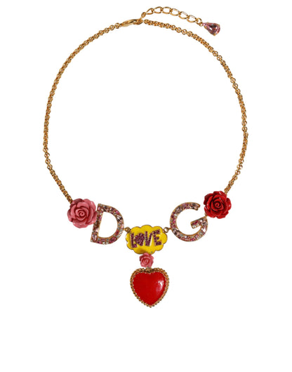 Dolce & Gabbana Gold Chain DG Logo Rose Love Crystal Charm Necklace