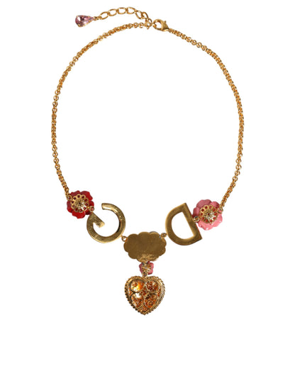 Dolce & Gabbana Gold Chain DG Logo Rose Love Crystal Charm Necklace