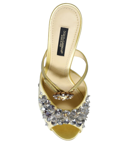 Dolce & Gabbana Yellow Mary Janes Satin Crystal Sandals Shoes