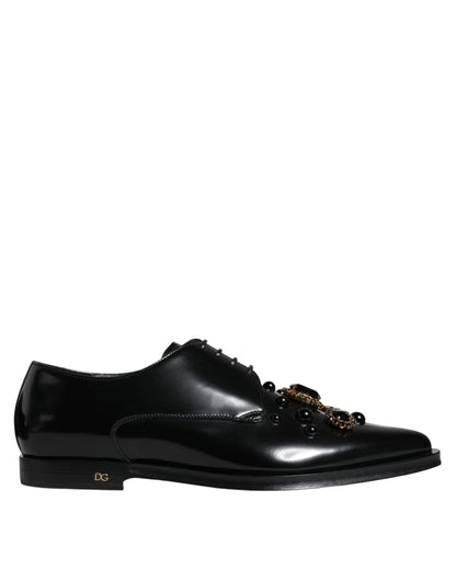 Dolce & Gabbana Black Leather Crystal Lace Up Formal Shoes