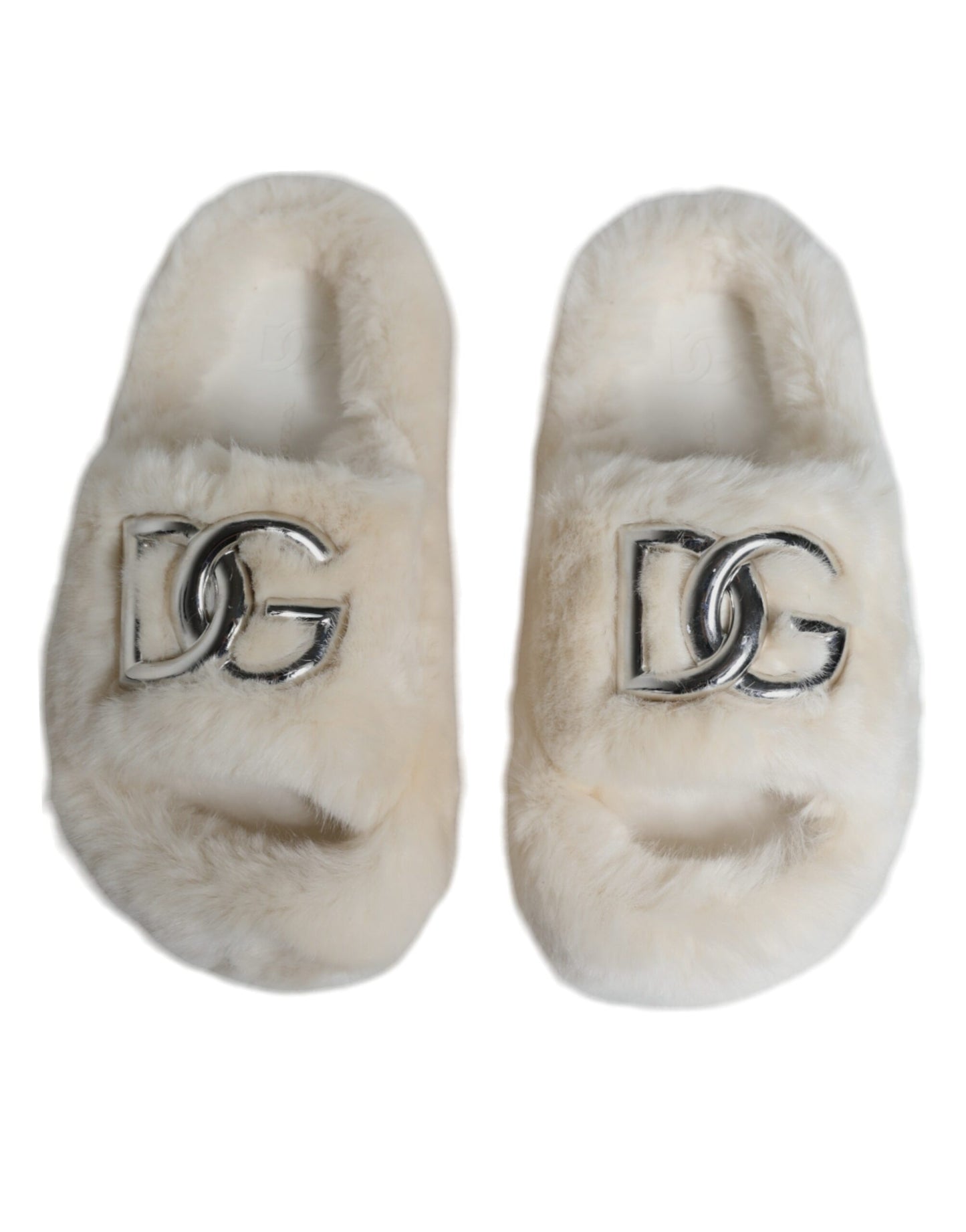 Dolce & Gabbana Beige Faux Fur Slides Flats Sandals Shoes